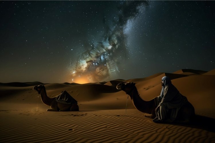 Camels amidst desert veil night. Generate ai