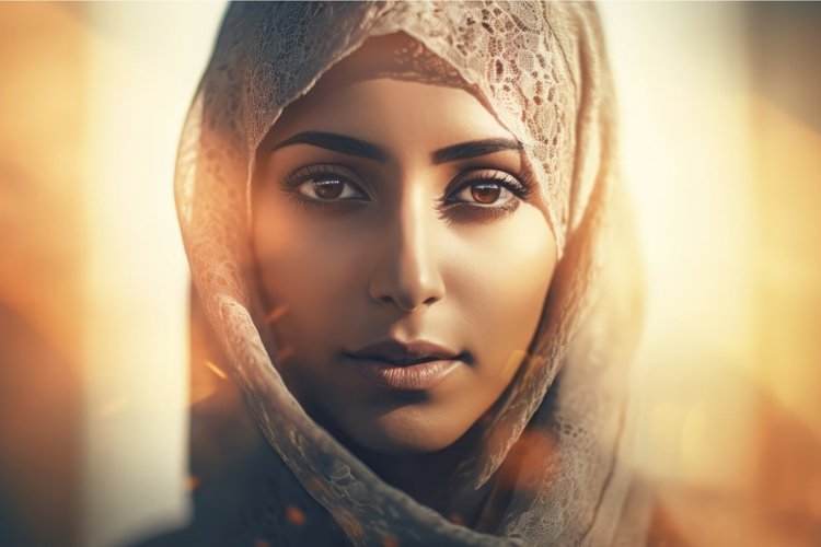 Portrait of Arabic woman face in veil. Generate ai example image 1