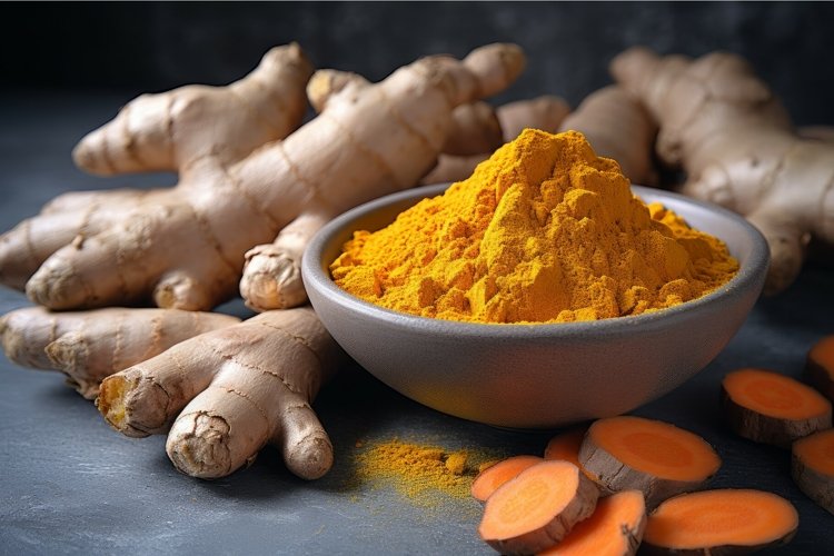 Aromatic turmeric powder and raw roots dust natural. Generat example image 1