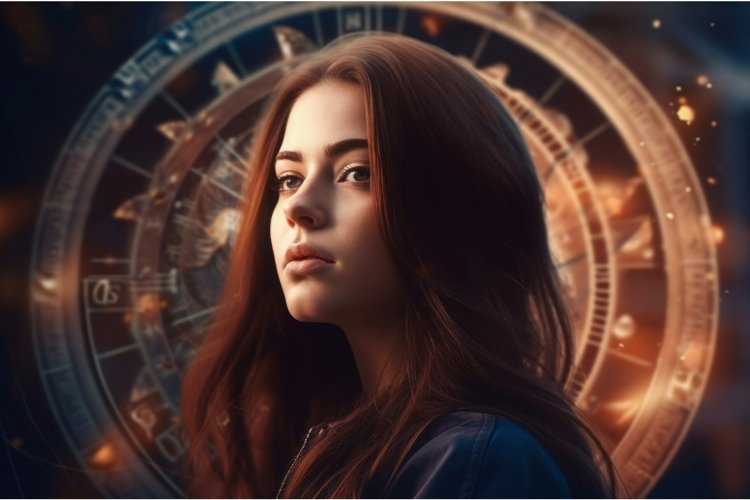 Astral woman posing on fiery astrological horoscope circle. example image 1