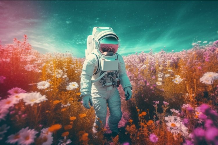 Astronaut standing field flowers. Generate Ai example image 1