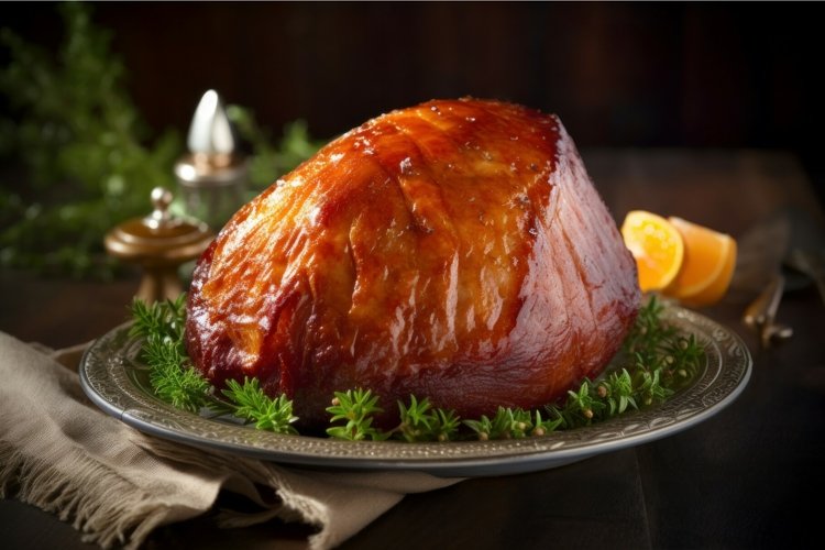 Baked glazed ham serving plate. Generate ai example image 1