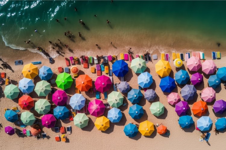 Beach colorful umbrella. Generate Ai example image 1