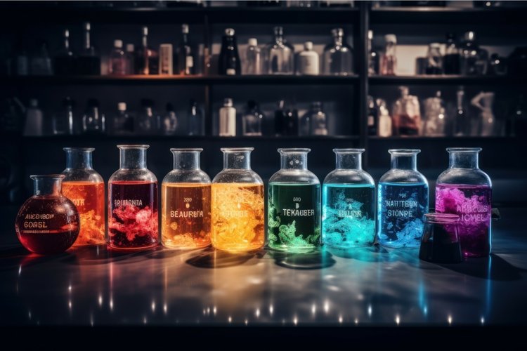 Colorful beakers chemicals research. Generate Ai example image 1