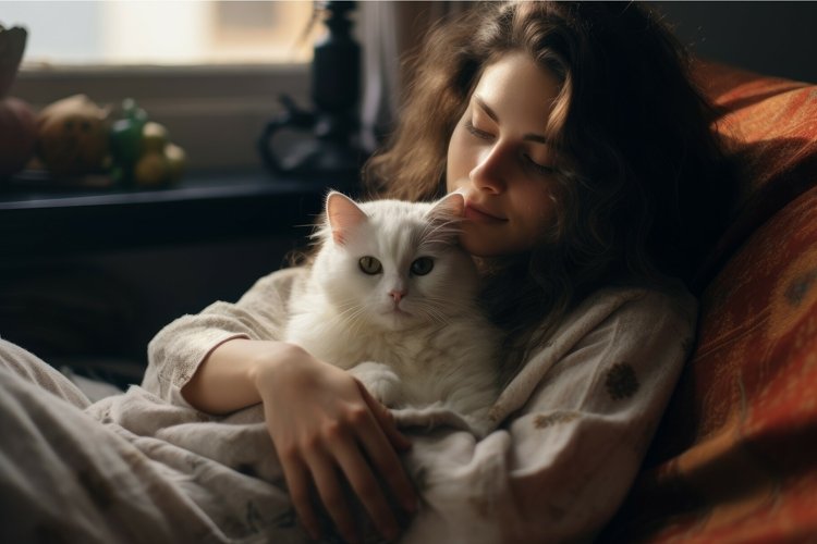 Beautiful woman petting cute white cat on soft sofa. Generat example image 1