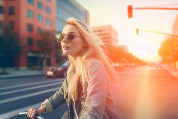 Blonde woman ride bike. Generate Ai example image 1