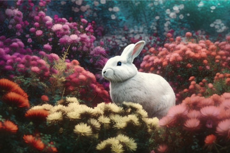 White furry bunny in flowered colorful garden. Generate ai example image 1