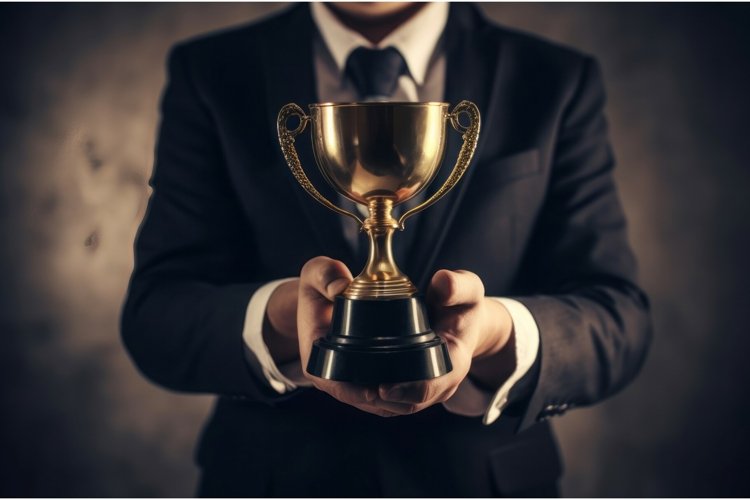 Businessman holding golden trophy. Generate ai example image 1