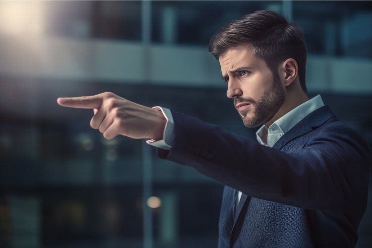 Businessman points finger suit. Generate Ai example image 1