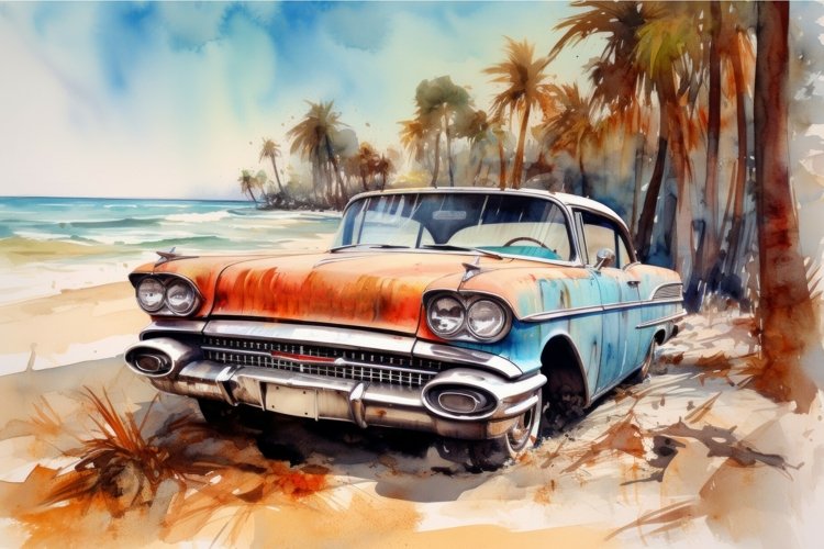 Car watercolor beach. Generate Ai example image 1