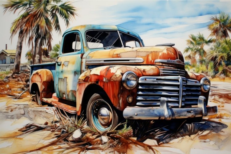 Colorful Car watercolor beach. Generate Ai example image 1