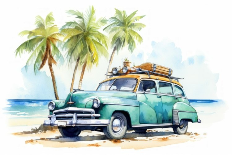 Serene Car watercolor beach. Generate Ai