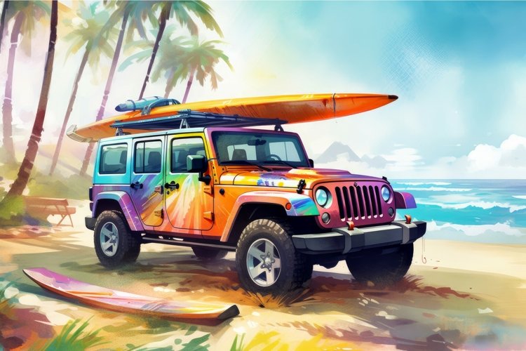 Car suv watercolor beach surfing. Generate Ai