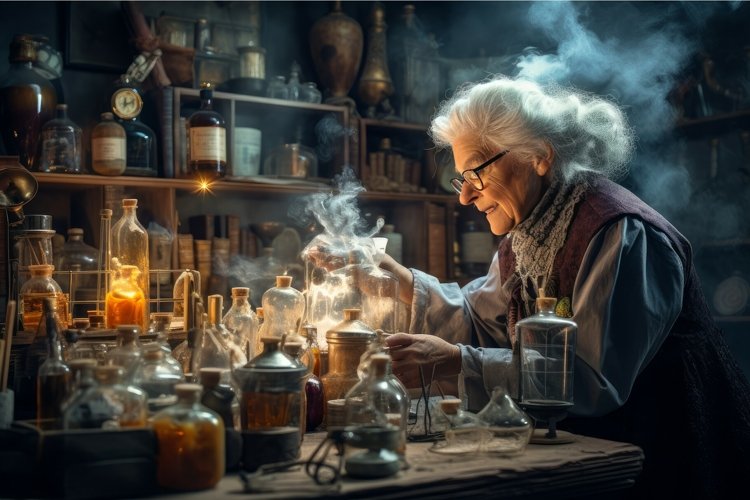 Old chemist woman in old laboratory. Generate Ai example image 1