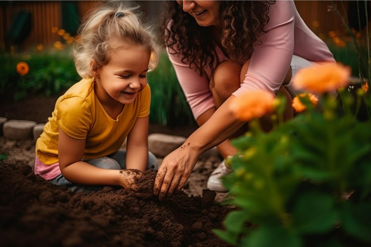 Child planting flowers garden. Generate AI example image 1