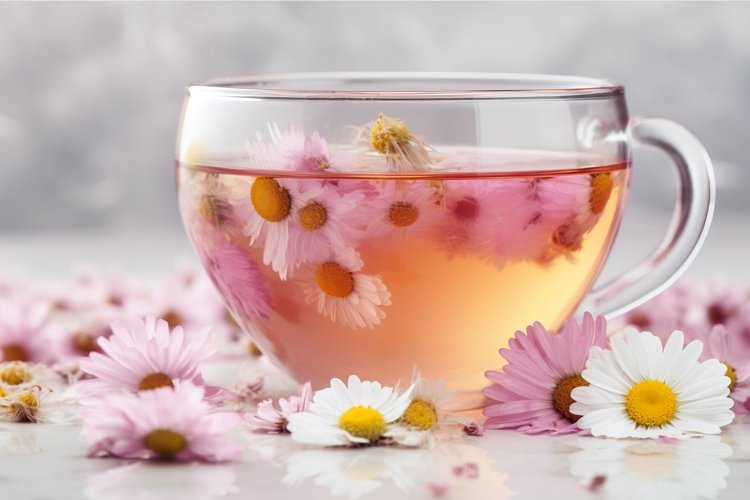 Chilled chamomile tea with white and pink flowers. Generate example image 1