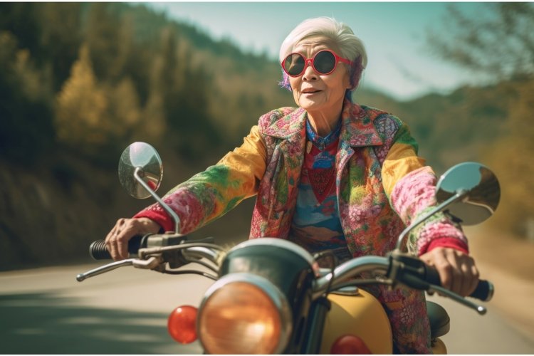 Cool Chinese grandmother dressed colorful on motorbike. Gene example image 1