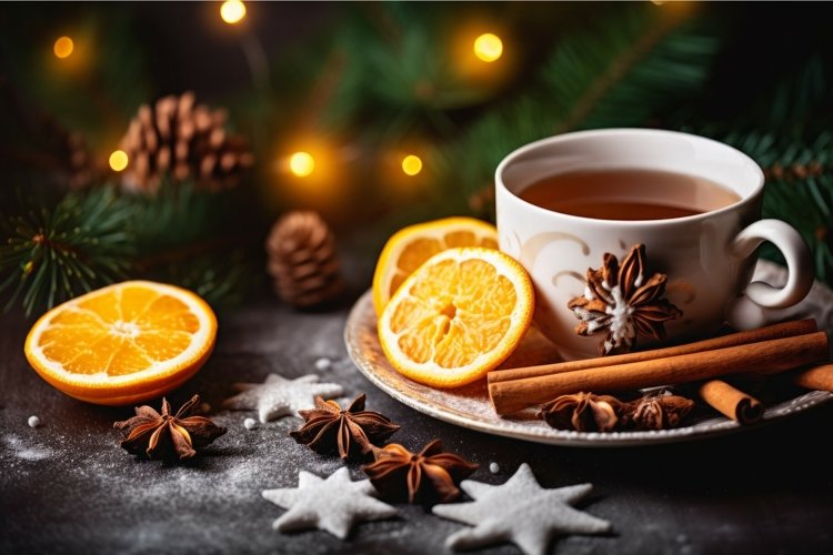 Christmas tea cup with oranges. Generate Ai example image 1