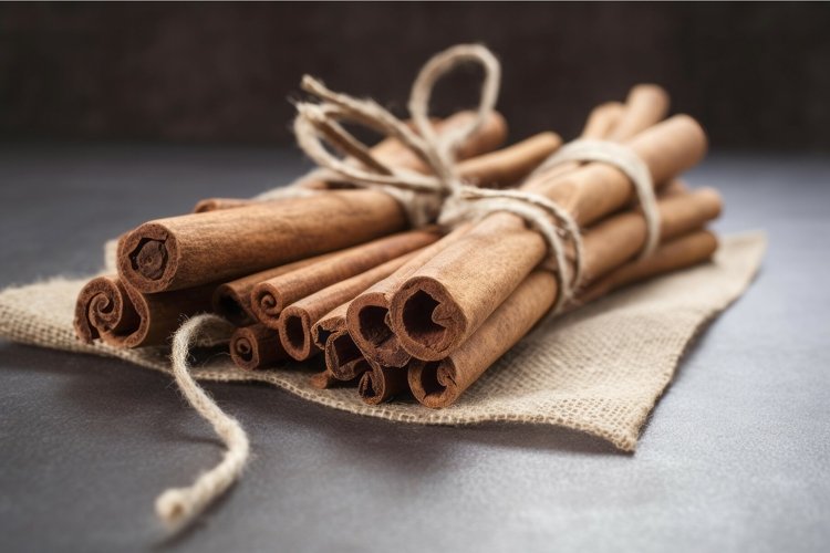 Cinnamon sticks handmade on textile sack in kitchen. Generat example image 1