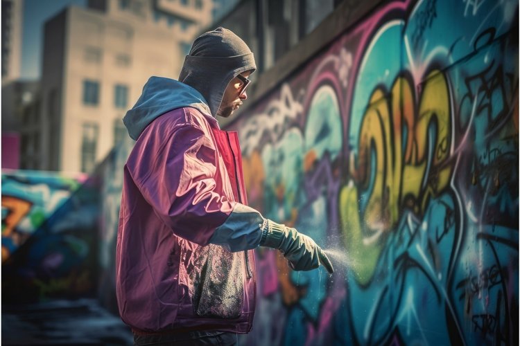 Cleaner washing graffiti wall. Generate AI