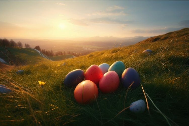 Colored eggs on hills. Generate ai example image 1