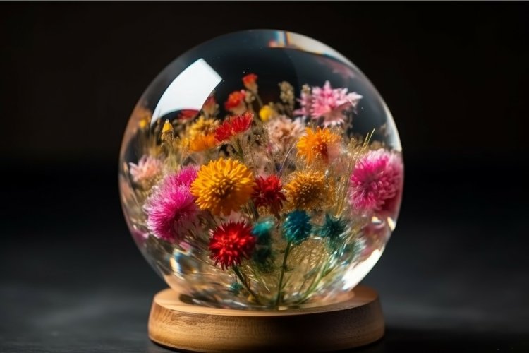 Colorful flowers glass ball. Generate Ai