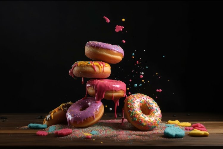 Colorful donuts falling dessert. Generate Ai