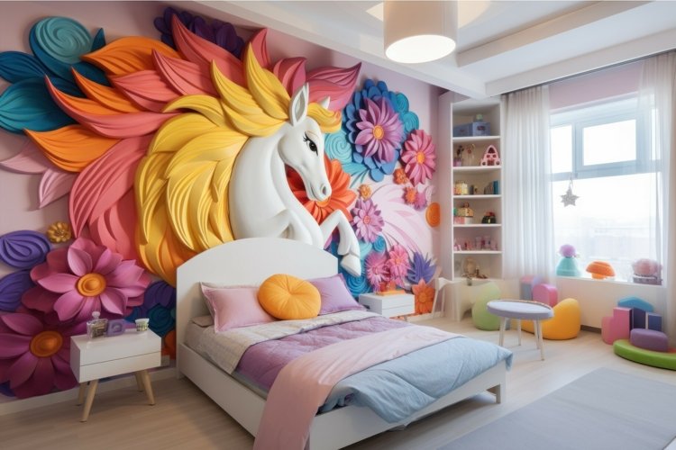 Whimsical Unicorn kids room pink. Generate Ai example image 1