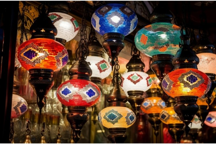 Colorful hanging lanterns on bazaar. Generate ai example image 1