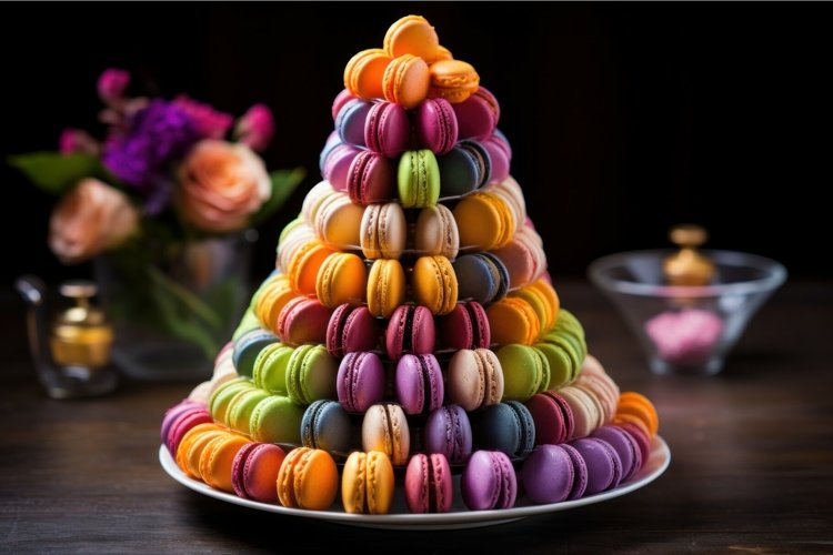 Vibrant Colorful macarons pyramid. Generate Ai example image 1