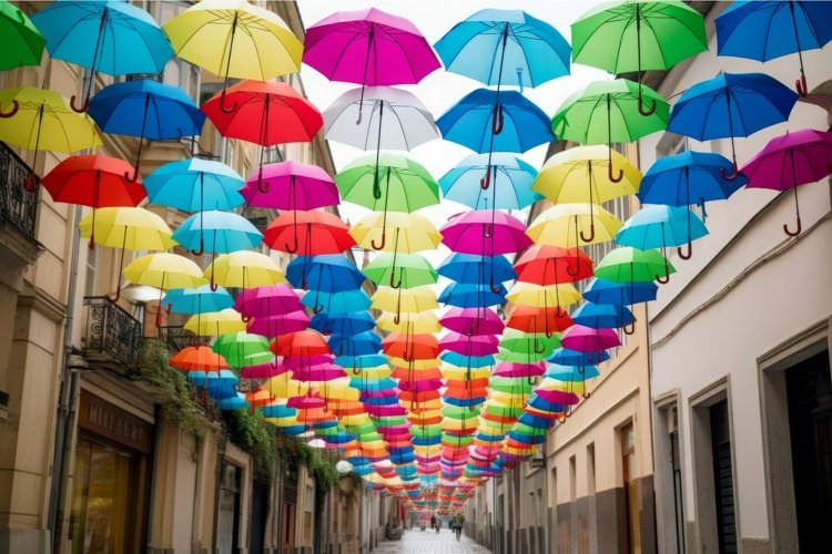 Colorful umbrella city street. Generate Ai example image 1