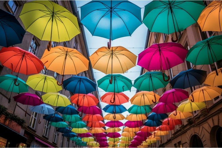 Colorful umbrella city street fashion. Generate Ai example image 1