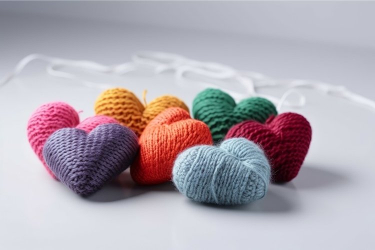 Colorful woolen hearts. Heart craft on table example image 1