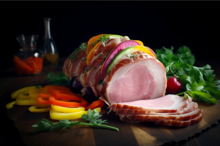 Cooked ham colorful serving platter. Generate ai example image 1