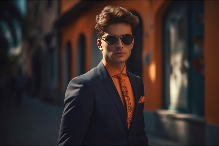 Cool young guy suit street photo. Generate Ai