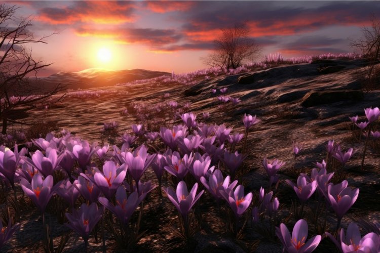 Expansive Sunny crocus field. Generate AI example image 1