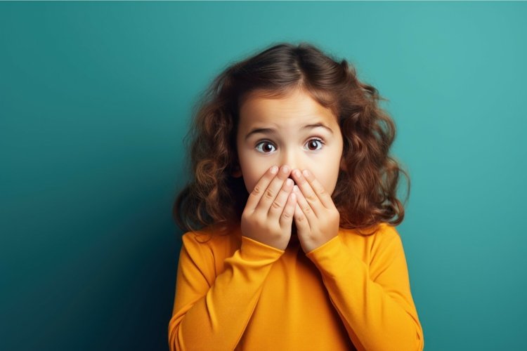 Cute little girl covered mouth with hands on blue background example image 1