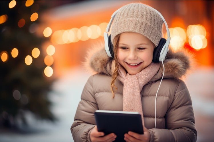 Cute little girl with headphones and smartphone winter outdo