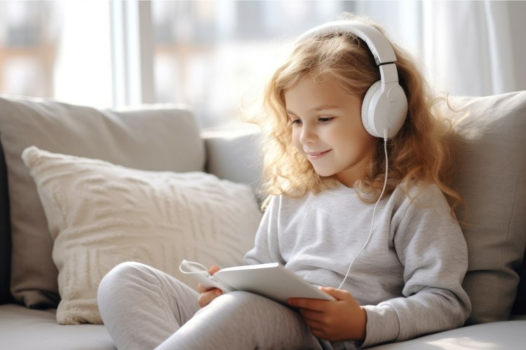 Cute little girl with headphones and smartphone on soft sofa example image 1