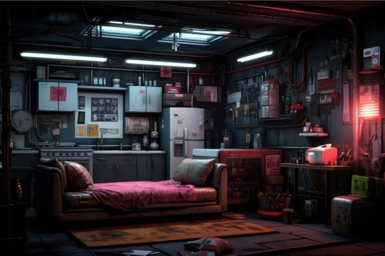 Neon-lit Cyberpunk apartment. Generate Ai example image 1