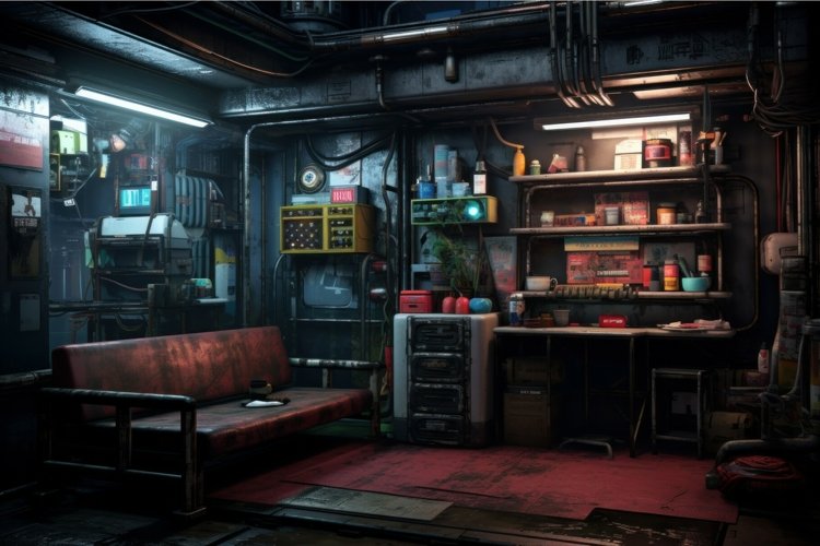 Dystopian Cyberpunk apartment. Generate Ai example image 1
