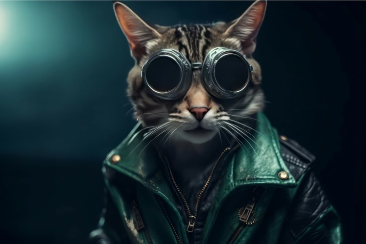 Cyberpunk cat with leather jacket. Generate Ai example image 1