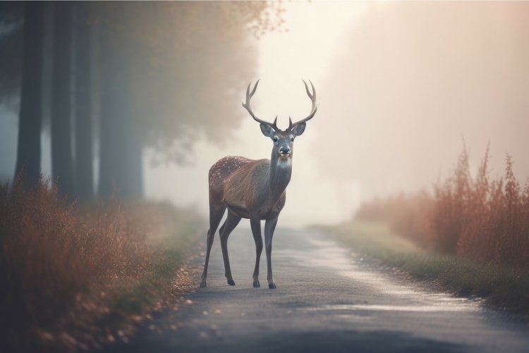 Deer on road scene with misty thicket smoke. Generate ai example image 1