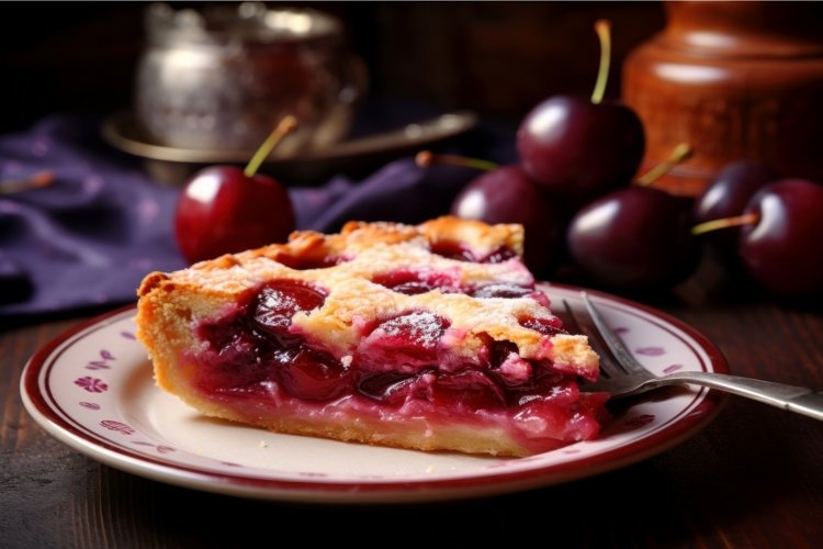 Delicious piece of pie with plums. Generate Ai