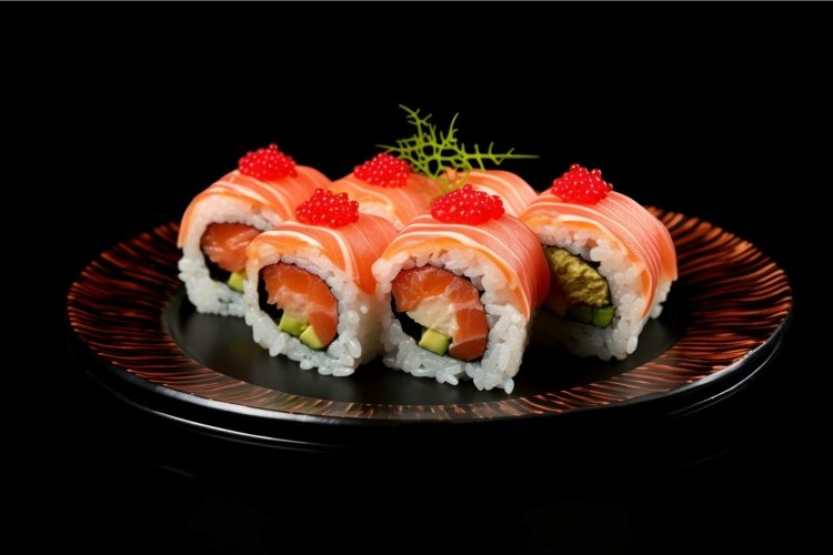 Delicious sushi served on red plate food. Generate Ai example image 1