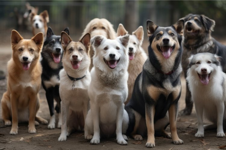 Dogs groups crowd nature. Generate Ai