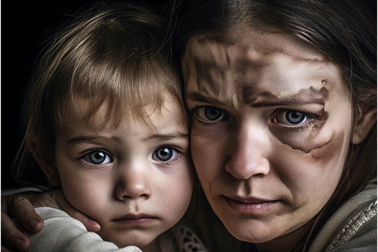 Scared woman with child domestic violence portrait. Generate