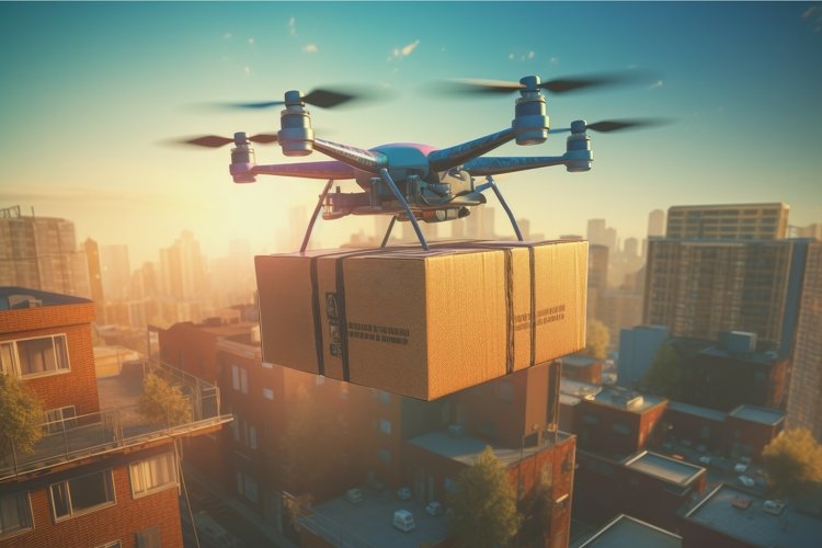 Drone parcel city delivery. Generate Ai example image 1