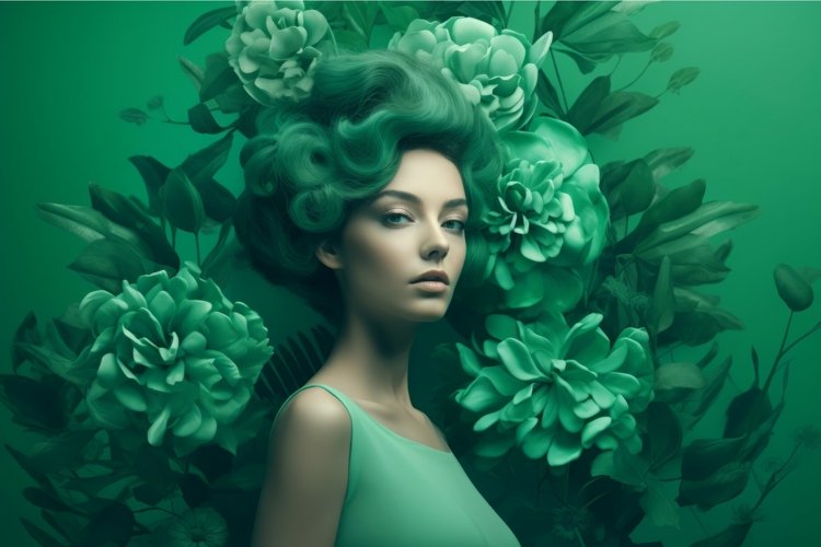 Elegant woman green color beauty floral. Generate Ai example image 1