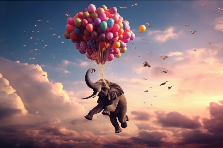 Imaginative Elephant flying balloons. Generate ai example image 1